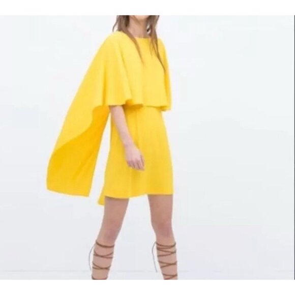 ZARA Women's Open Back Yellow Ruffle Cape Mini Dress Size Small Modest‎ - Picture 3 of 12